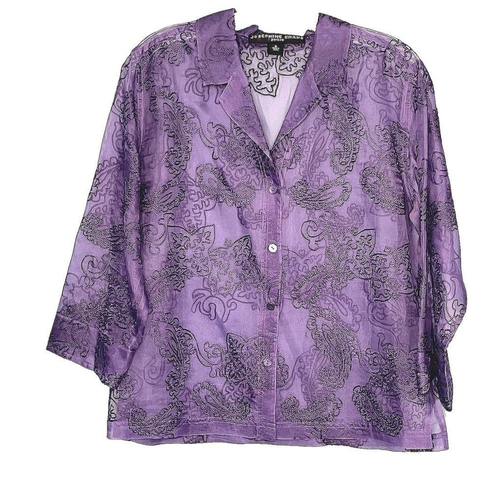 Womens Sheer Silk Paisley Embroidered Button Top Size‎ 8P Festive Boho Artsy NYE